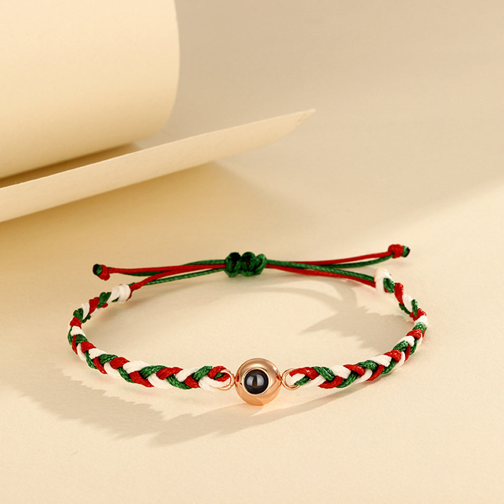 Custom Friendship Bracelet with Picture & Text Inside -Red Green Braided Rope Round Pendant, Personalized Gifts for Women Men