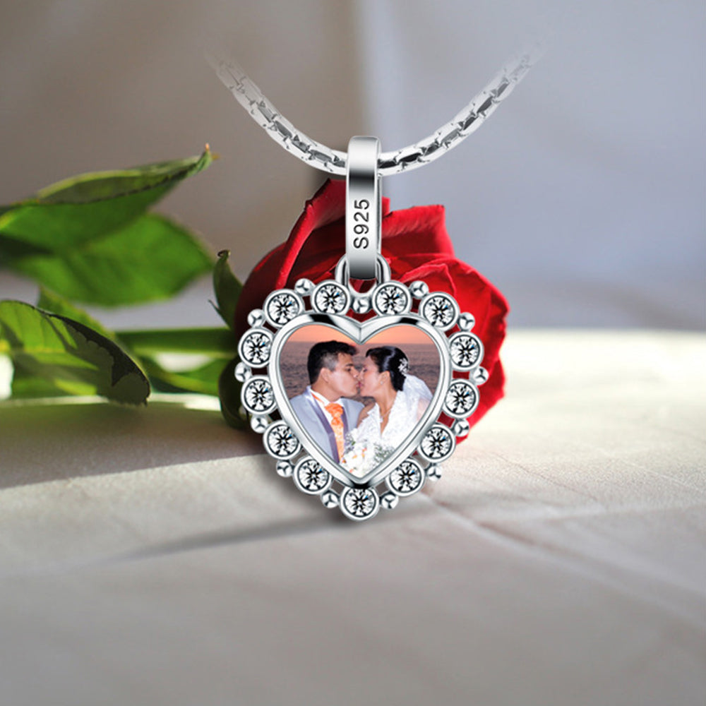 925 Silver Personalized Necklace with Photo - Heart Pendant with Cubic Zirconia Border, Custom Text on Back, Perfect Holiday Gift for Girlfriend, Wife, or Mother