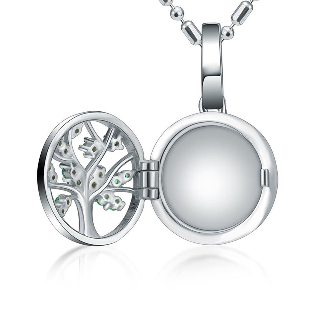 925 Silver Personalized Locket Necklace with Photo - Openable Tree of Life Pendant with Green Crystal, Perfect Christmas Gift for Girlfriend, Wife, or Mother