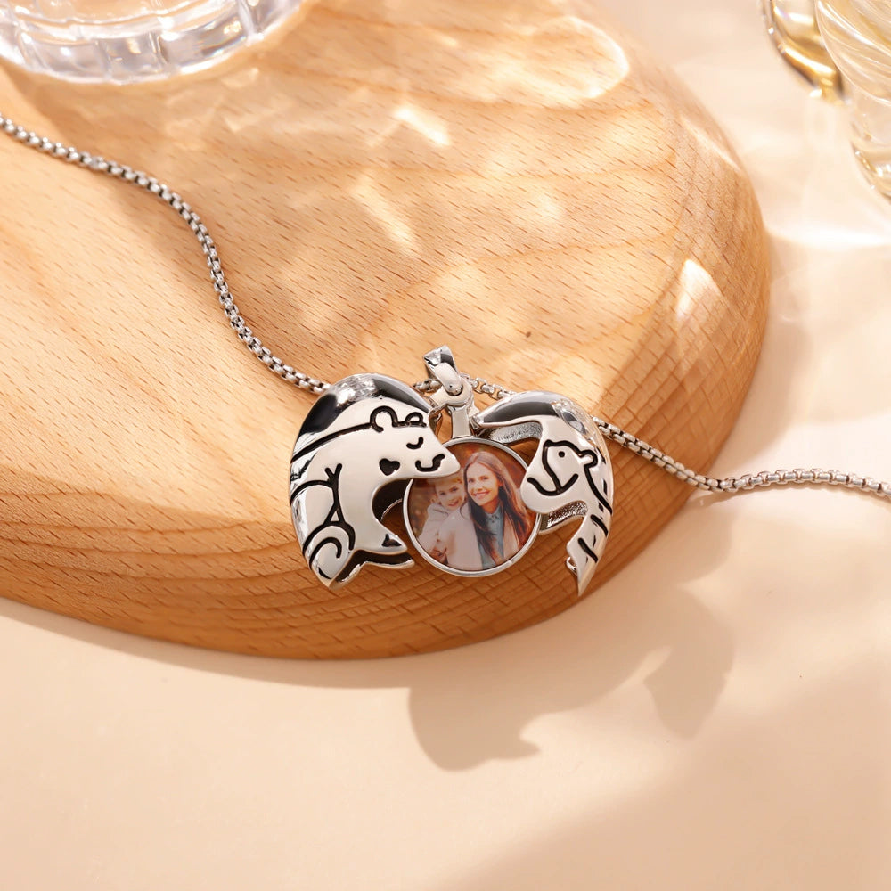 Big Bear & Little Bear Hug Heart Photo Locket Necklace - Opens to Hold Custom Photos - Perfect Personalized Gift for Mom