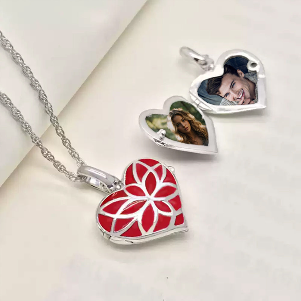 925 Silver Color Resin Lotus Heart Locket Necklace – Custom 2 Photos & Text, Optional Chain Style & Length, Personalized Gift for Women