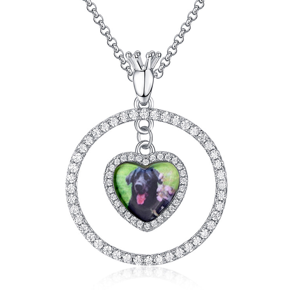 925 Silver Custom Necklace with Photo - Heart Pendant with Zirconia-Embedded Circle and Custom Engraving on the Back