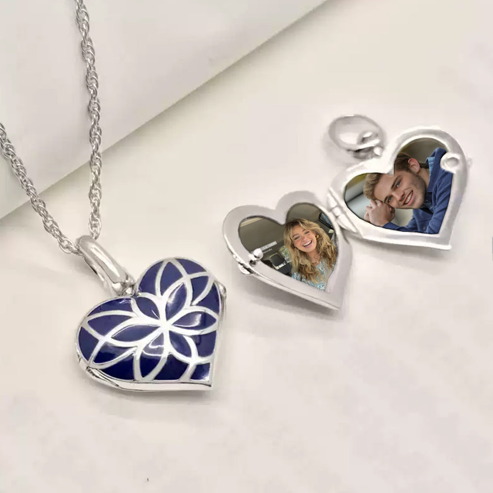 925 Silver Color Resin Lotus Heart Locket Necklace – Custom 2 Photos & Text, Optional Chain Style & Length, Personalized Gift for Women