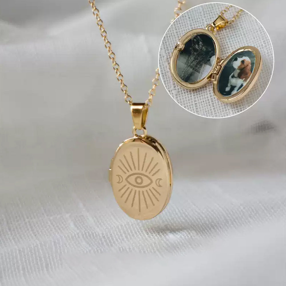 Gold Plated Oval Photo Locket Necklace Custom Photos & Text, Sun Moon Evil Eye,Memory Gifts for Her