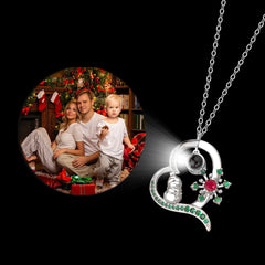 Custom Photo Heart Necklace with Picture and Text Inside - Red Green Zircon Snowman Snowflakes, Personalized Gift for Women Girl