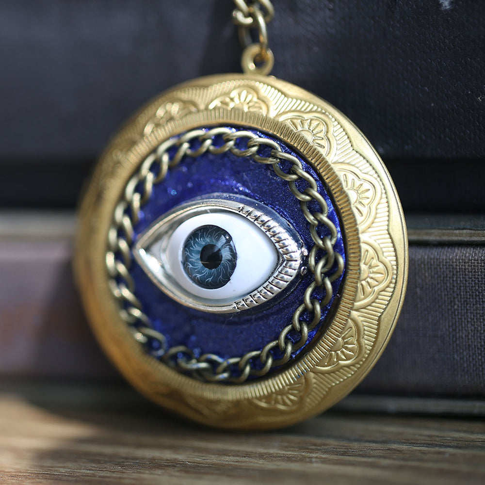 Antique Brass Round Evil Eye Photo Locket Necklace - 3D Design, Custom Photos & Letter Charm - Personalized Punk Gift for Him