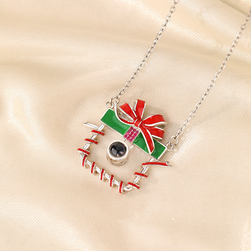 Custom Projection Necklace with Photo and Text Inside - Red Green Epoxy Gift Box Pendant, Personalized Christmas Party Jewelry for Women