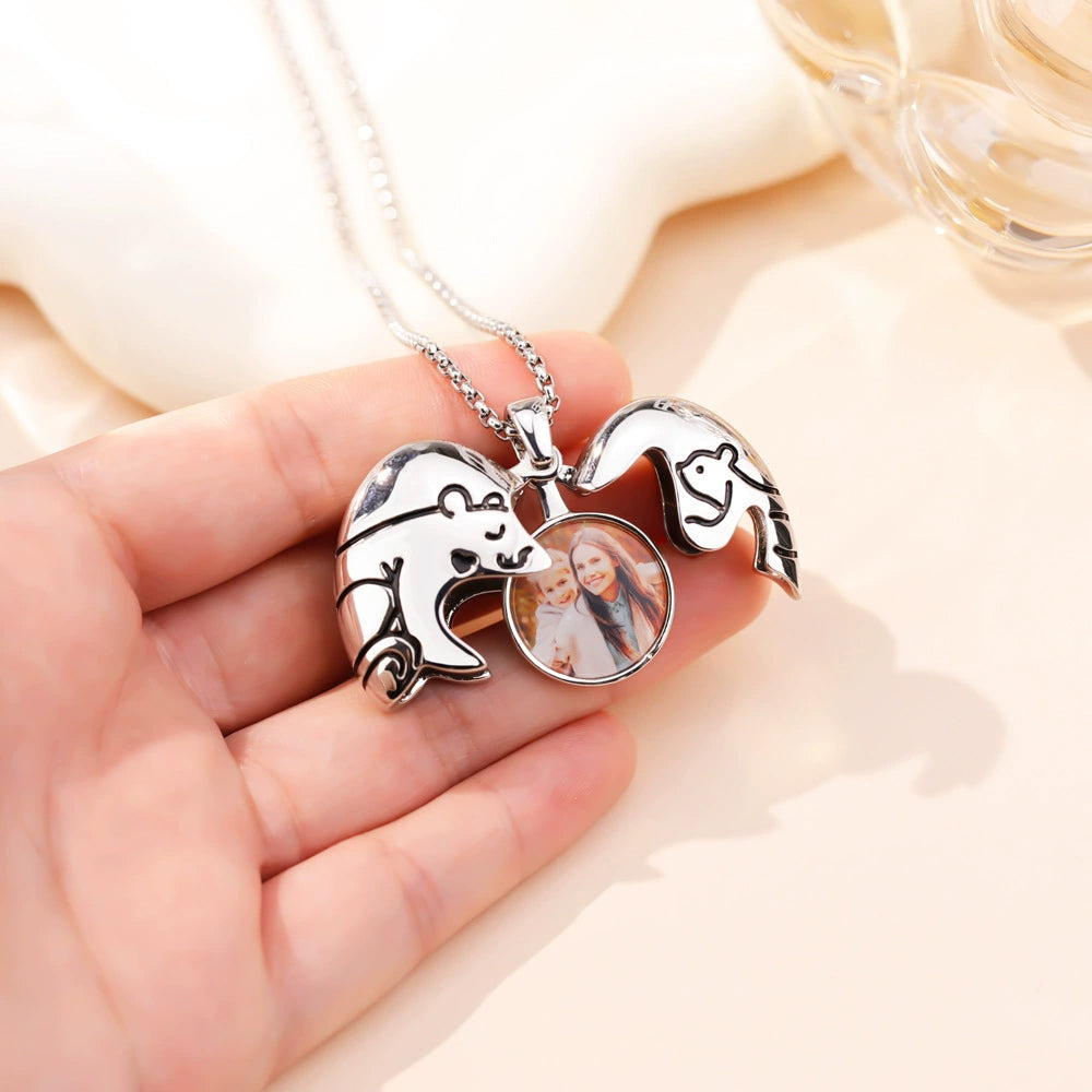 Big Bear & Little Bear Hug Heart Photo Locket Necklace - Opens to Hold Custom Photos - Perfect Personalized Gift for Mom