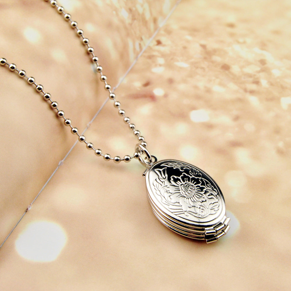 Custom Oval Photo Locket Necklace Expands to Hold 4 Photos with Flower Engraving,Personalized Jewelry for Her